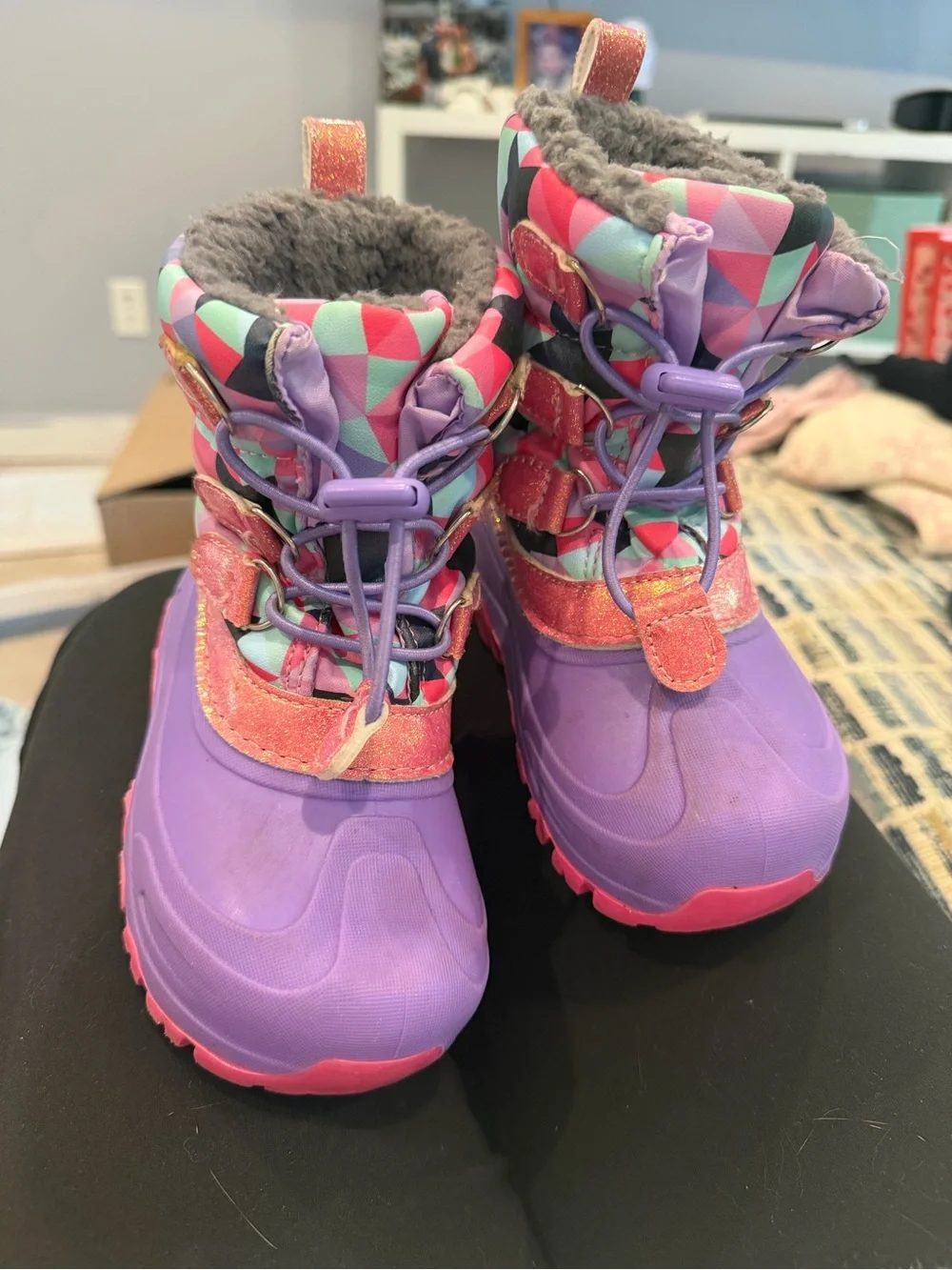 Kids Winter Snow Boots - Purple Pink Geometric